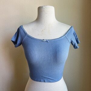 Bozzolo Dusty Blue Ribbed Off-Shoulder Crop Top